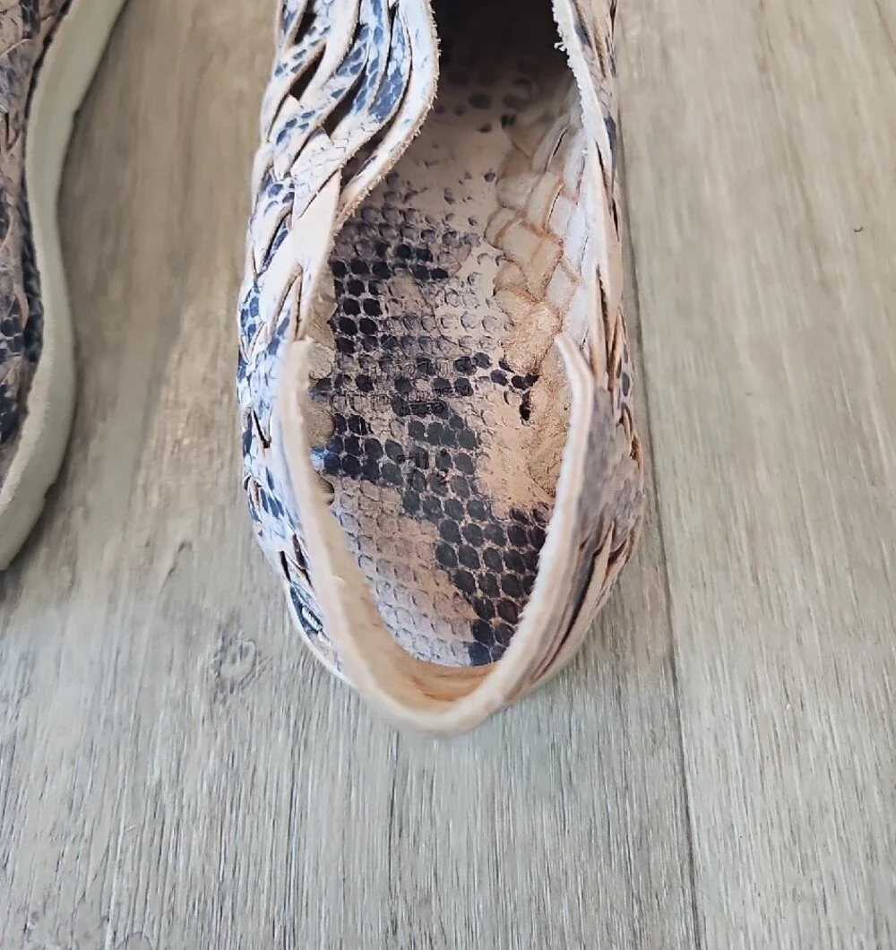 Leather Woven Hurarache Slip-On in Beige and Navy Snake Print!